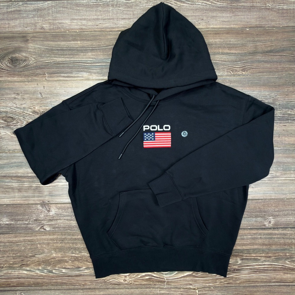 Polo Ralph Lauren Mens Unisex Size Medium Hoodie Black USA Flag Fleece USA NWOT